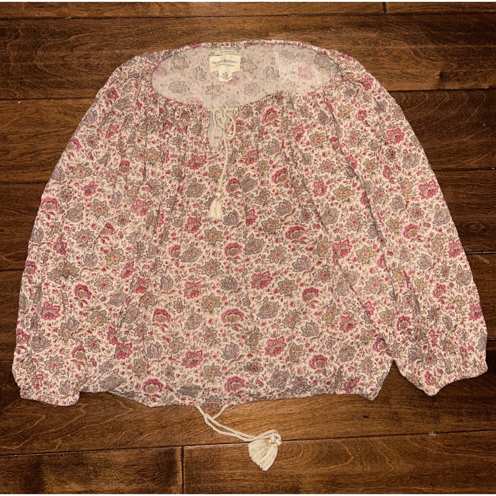 Ralph Lauren Denim Supply Women Small Floral Boho Shirt Tassel Tie Blouse Top - Picture 1 of 6